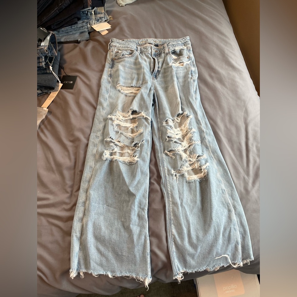 American Eagle Outfitters Distressed Light Blue Wide Leg Jeans - Picture 2 of 8